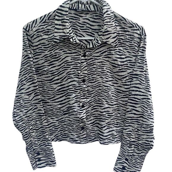 ZARA Zebra Print Cropped Button Down Shirt Blouse Sz Sm Long Sleeve Animal Print - Picture 1 of 5